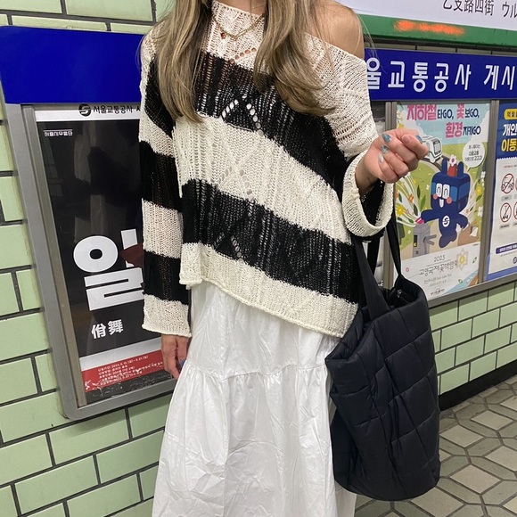 Relaxed Slouchy Striped Long Sleeve Sweater - Picture 2 of 4